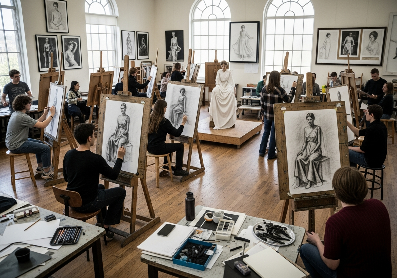 Aula di disegno con studenti che lavorano a cavalletto su bozzetti dal vero