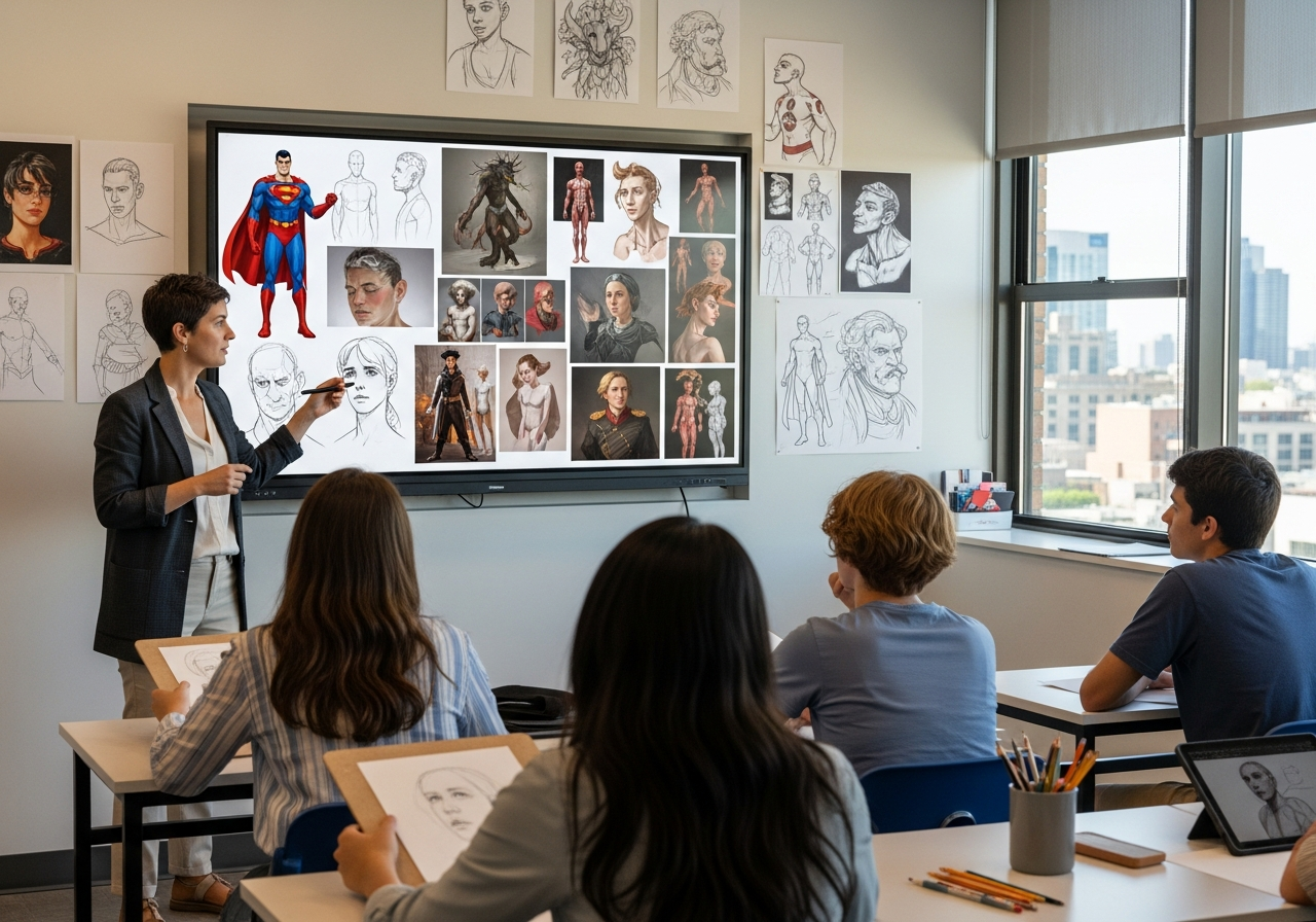 Insegnante di disegno che presenta illustrazioni e studi di personaggi su un grande schermo