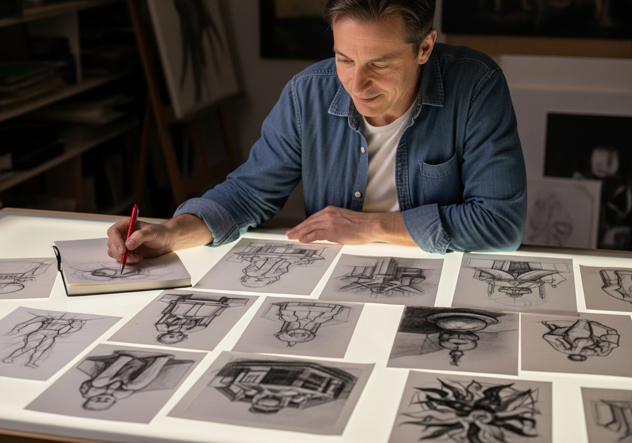 Insegnante di disegno che analizza bozzetti e studi su un grande tavolo luminoso