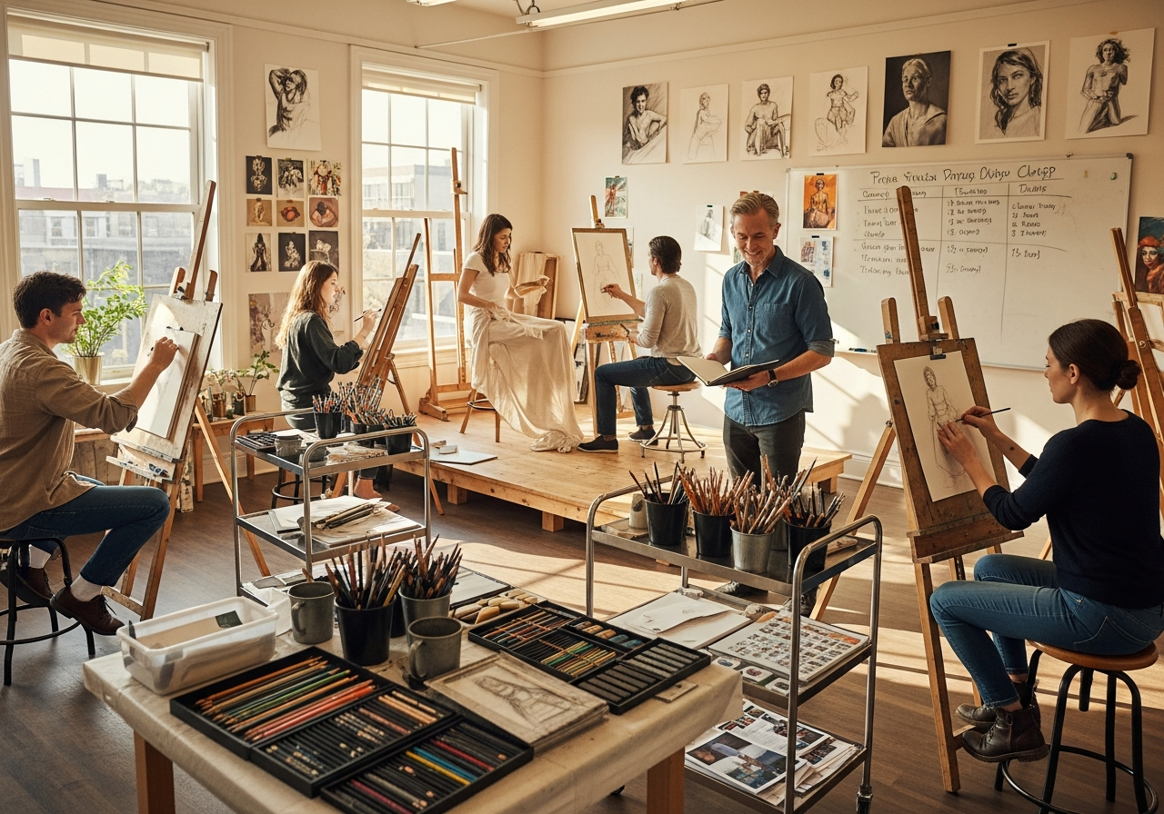 Studenti di disegno che lavorano insieme su schizzi e illustrazioni in studio